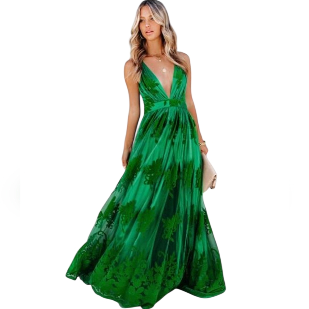 Elegant Green Maxi Dress with Deep V-Neck
